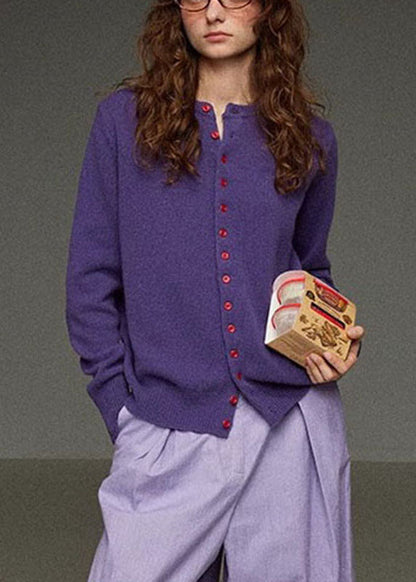 Brief Purple O-Neck Button Solid Knit Cardigans Fall