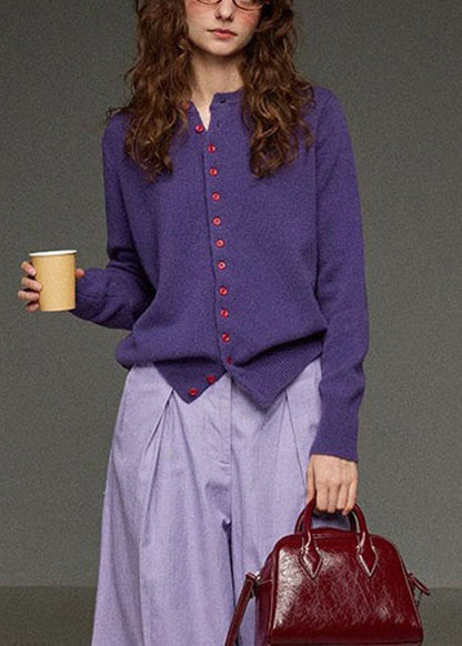 Brief Purple O-Neck Button Solid Knit Cardigans Fall