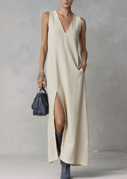 Brief Ramie V Neck Pockets Patchwork Solid Maxi Dresses Summer