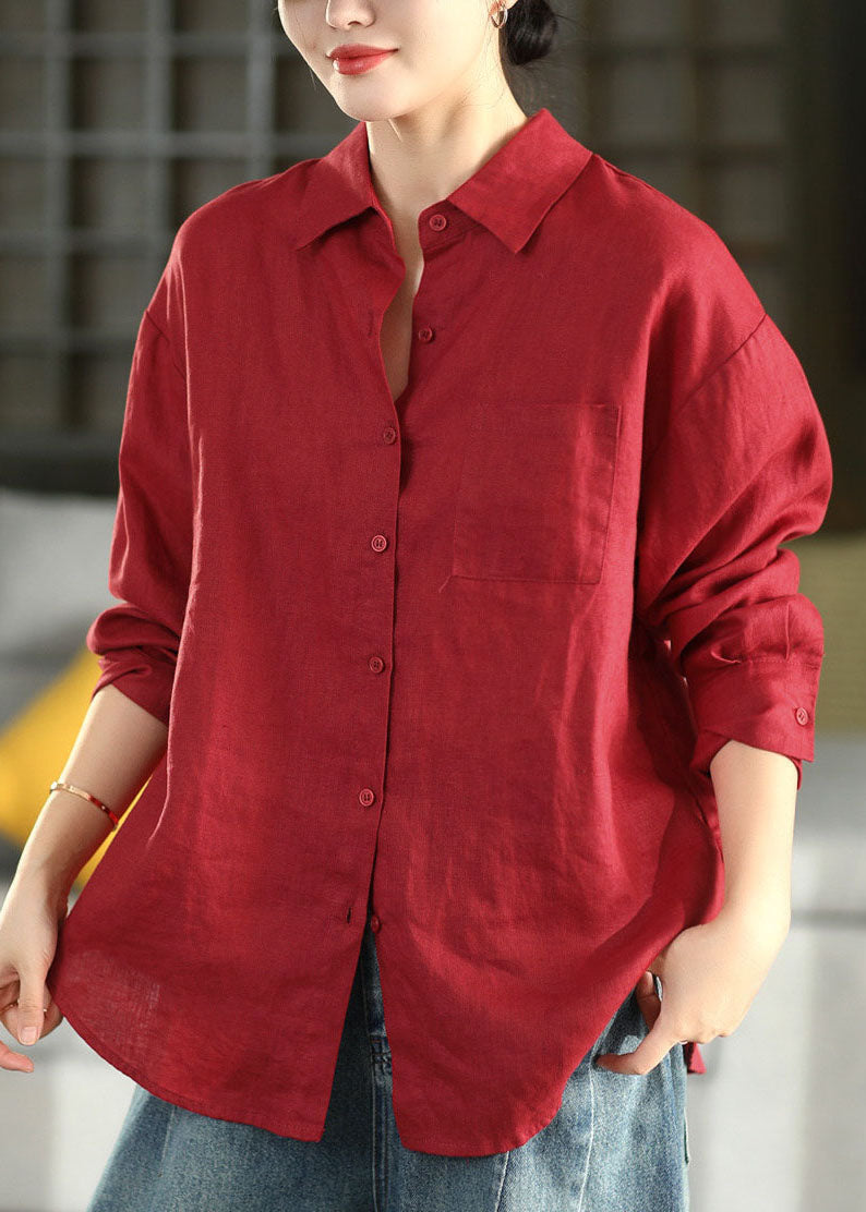 Brief Red Peter Pan Collar Patchwork Solid Shirts Long Sleeve