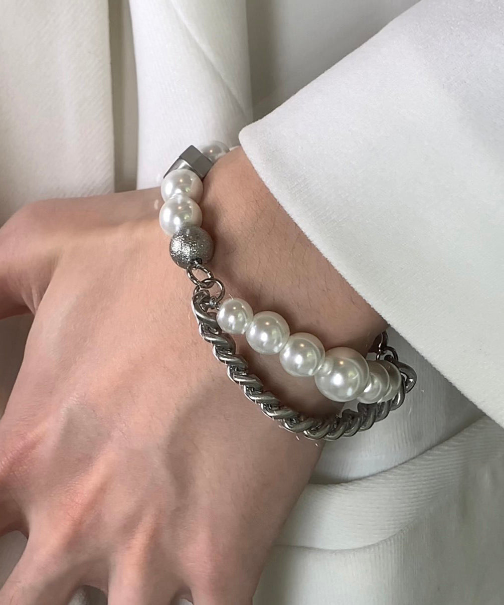 Brief Stainless Steel Pearl Chain Charm Bracelet