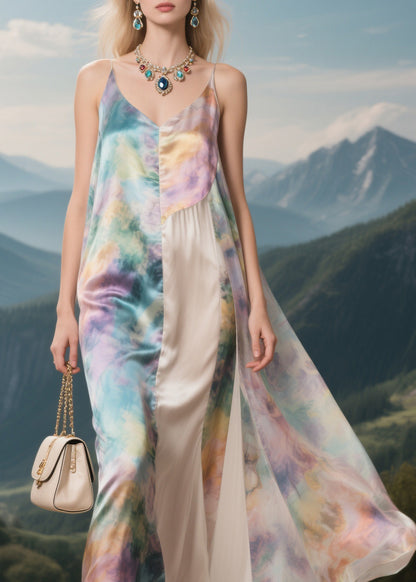 Brief V Neck Patchwork Silk Maxi Spaghetti Strap Dresses Summer