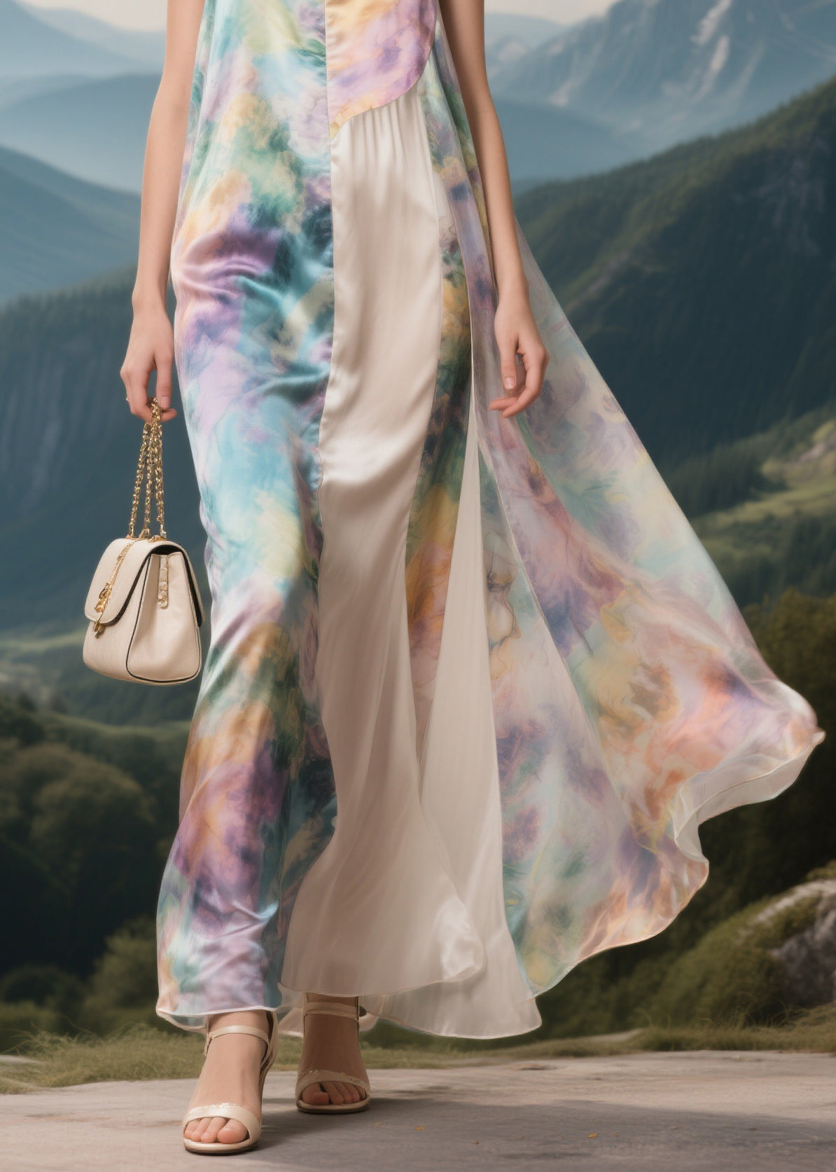 Brief V Neck Patchwork Silk Maxi Spaghetti Strap Dresses Summer