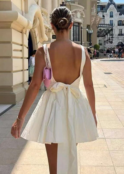 Brief White Backless Bow Solid Mid Spaghetti Strap Dress Sleeveless