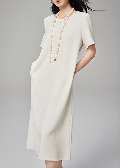 Brief White O-Neck Patchwork Pockets Long Dresses Short Sleeve