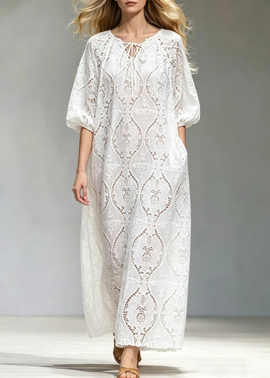 Brief White O-Neck Tie Lace Lace Long Dress Summer