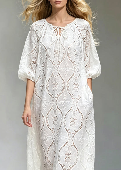 Brief White O-Neck Tie Lace Lace Long Dress Summer
