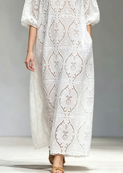 Brief White O-Neck Tie Lace Lace Long Dress Summer