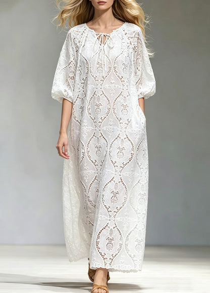 Brief White O-Neck Tie Lace Lace Long Dress Summer