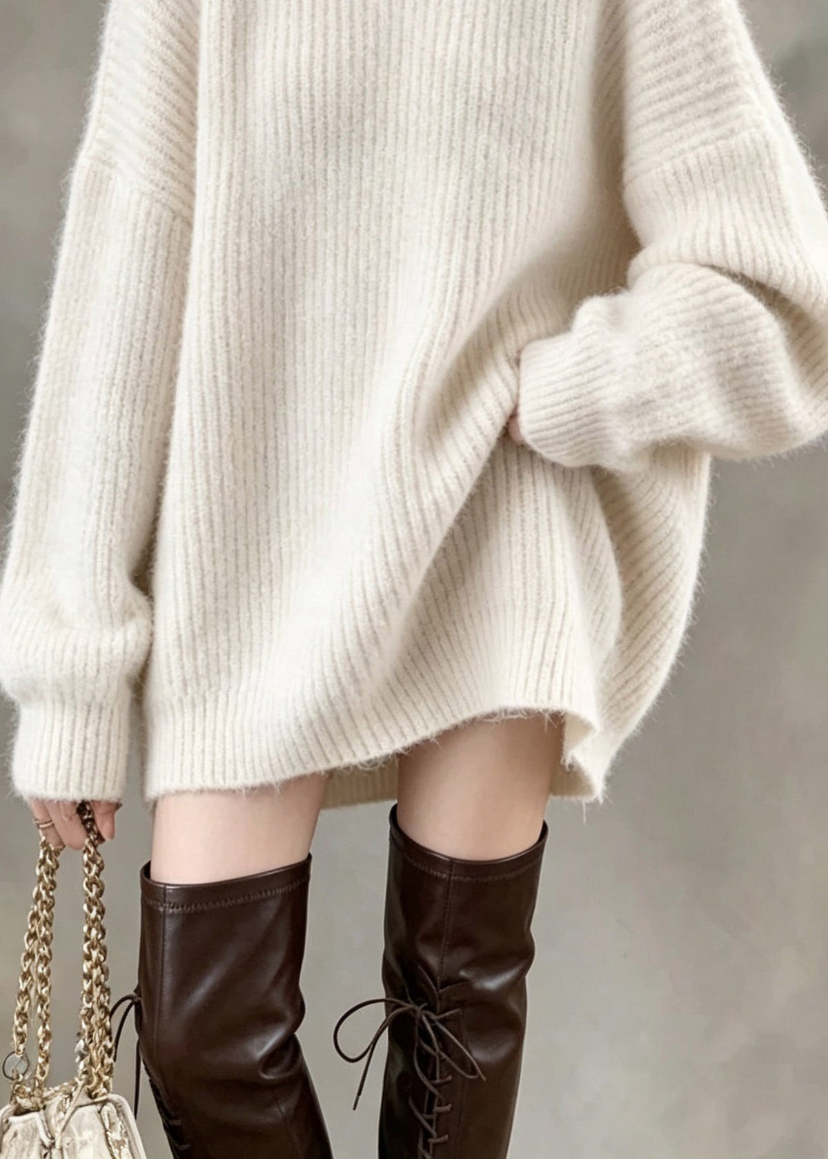 Brief White Patchwork Cozy Cotton Knit Sweaters Lantern Sleeve