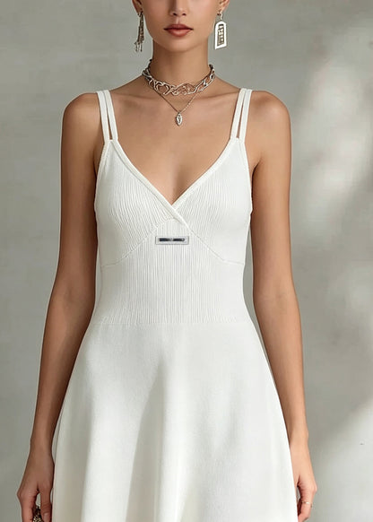 Brief White Patchwork Knit Mid Spaghetti Strap Dresses Summer