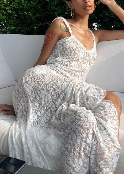 Brief White Print Side Open Lace Long Spaghetti Strap Dress Summer