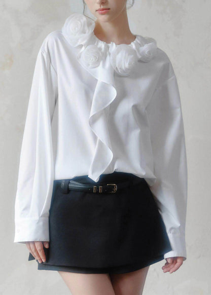 Brief White Ruffled Floral Shirts Long Sleeve