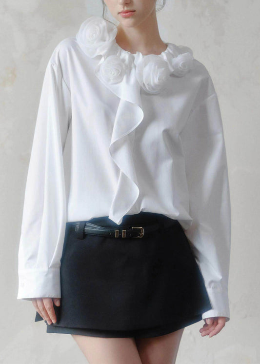 Brief White Ruffled Floral Shirts Long Sleeve