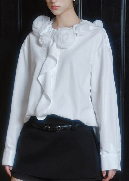 Brief White Ruffled Floral Shirts Long Sleeve