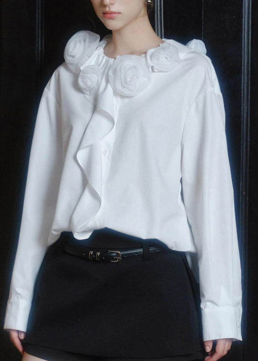 Brief White Ruffled Floral Shirts Long Sleeve