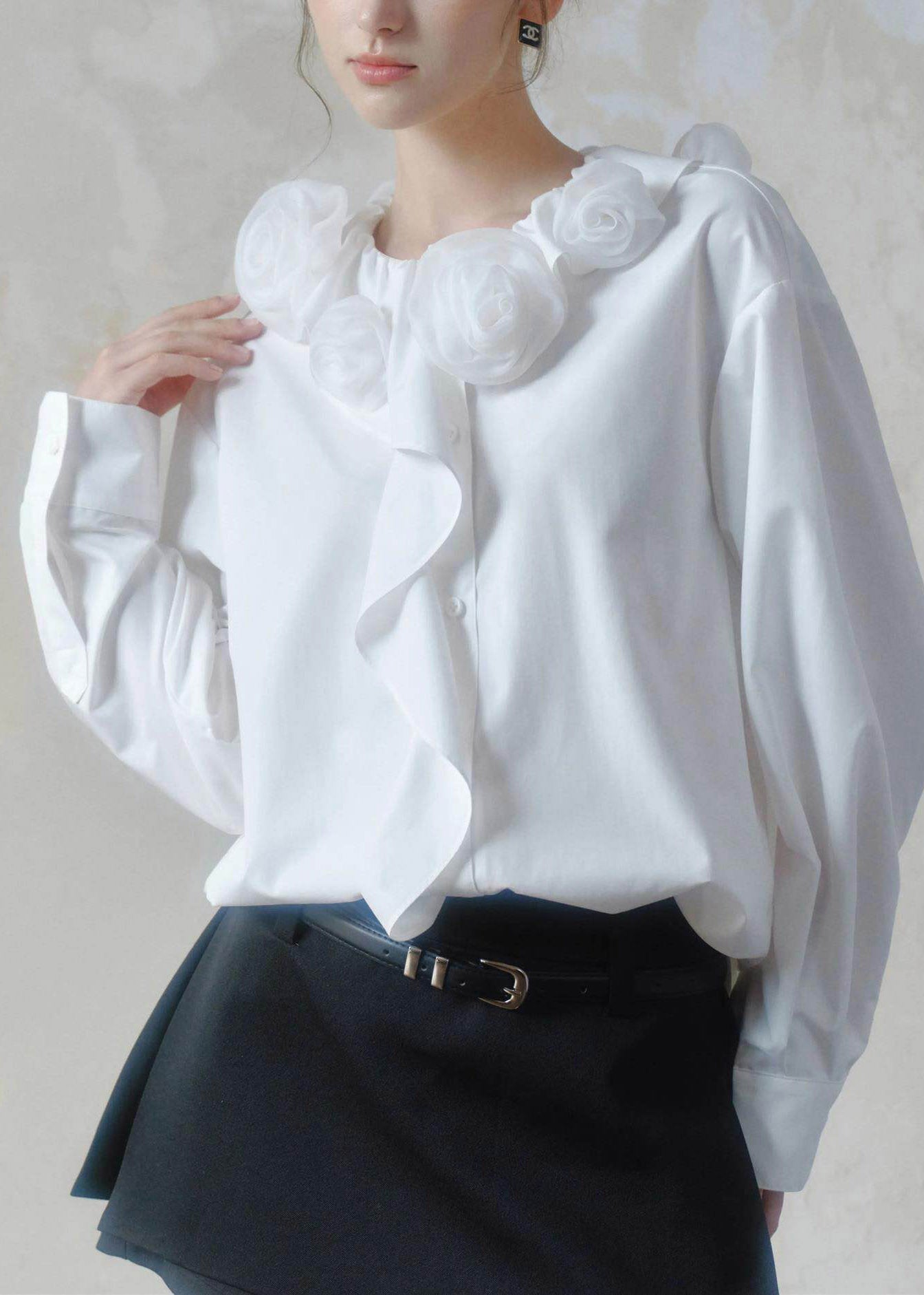 Brief White Ruffled Floral Shirts Long Sleeve