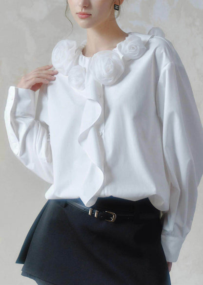 Brief White Ruffled Floral Shirts Long Sleeve
