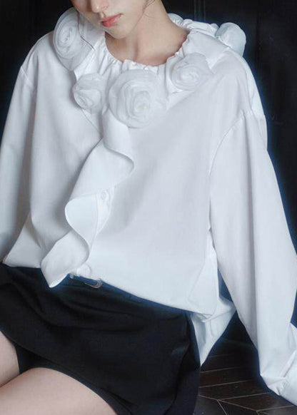 Brief White Ruffled Floral Shirts Long Sleeve