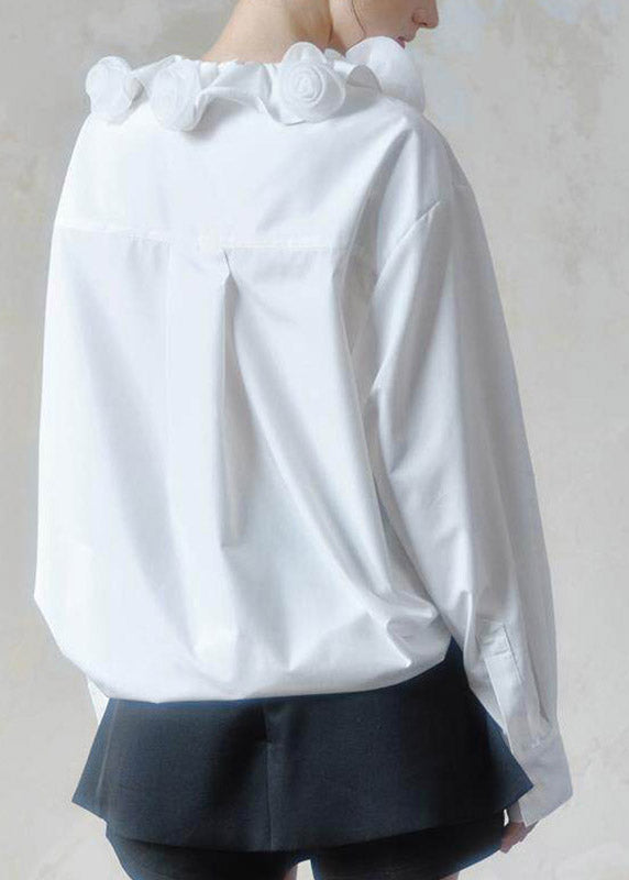 Brief White Ruffled Floral Shirts Long Sleeve