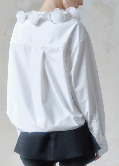 Brief White Ruffled Floral Shirts Long Sleeve