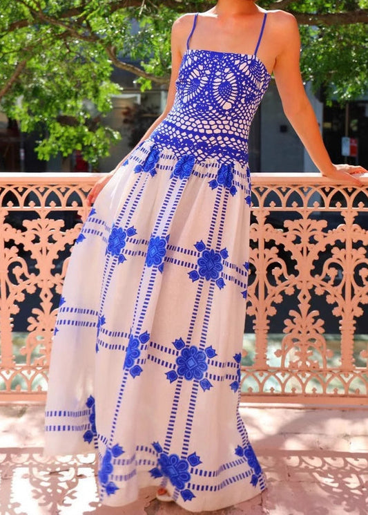 Brief White Slash Neck Print Long Spaghetti Strap Dress Summer