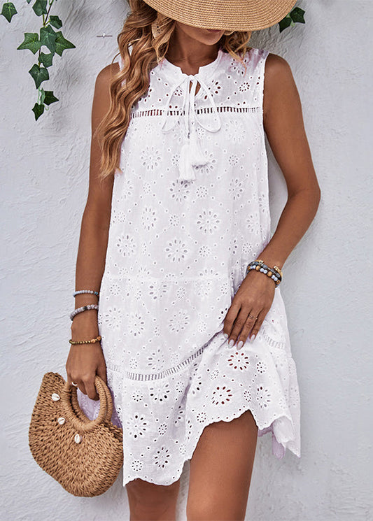 Brief White Stand Collar Hollow Out Mid Dress Summer