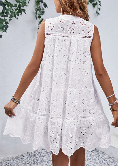 Brief White Stand Collar Hollow Out Mid Dress Summer