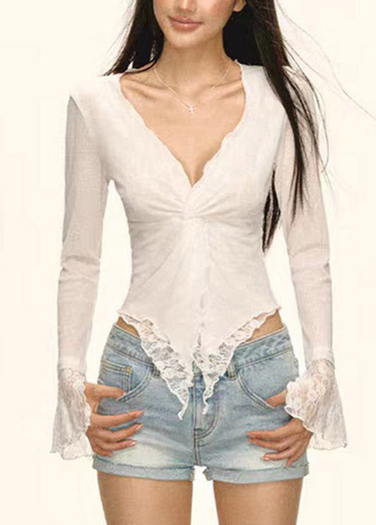 Brief White V Neck Asymmetrical Lace Patchwork Tops Flare Sleeve