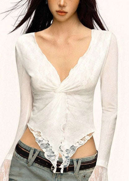 Brief White V Neck Asymmetrical Lace Patchwork Tops Flare Sleeve