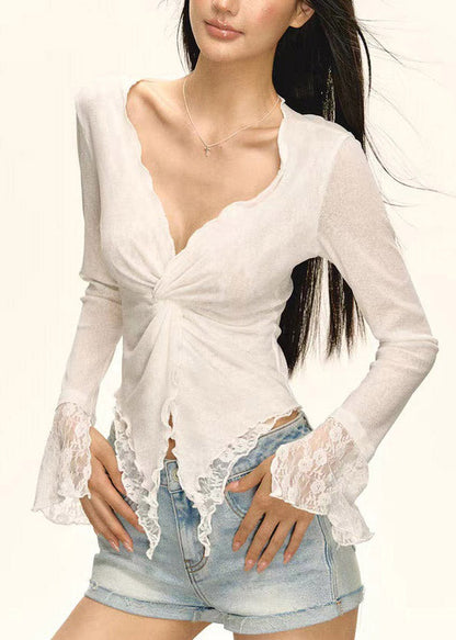 Brief White V Neck Asymmetrical Lace Patchwork Tops Flare Sleeve