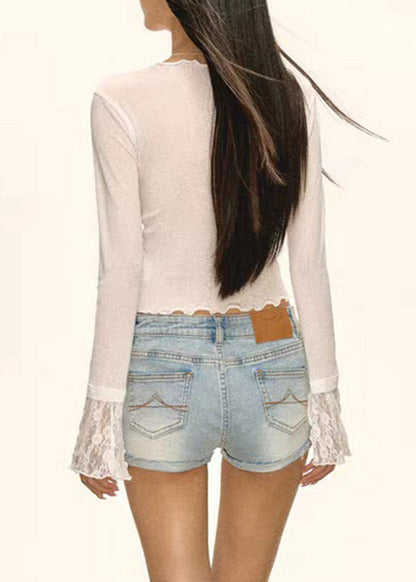 Brief White V Neck Asymmetrical Lace Patchwork Tops Flare Sleeve