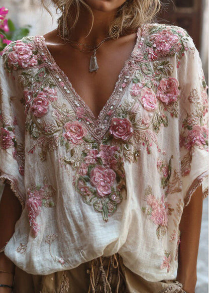Brief White V Neck Print Cotton Blouse Tops Summer