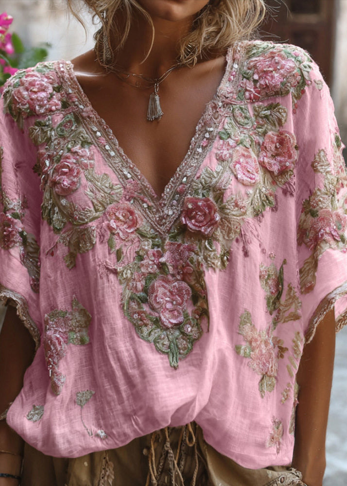 Brief White V Neck Print Cotton Blouse Tops Summer