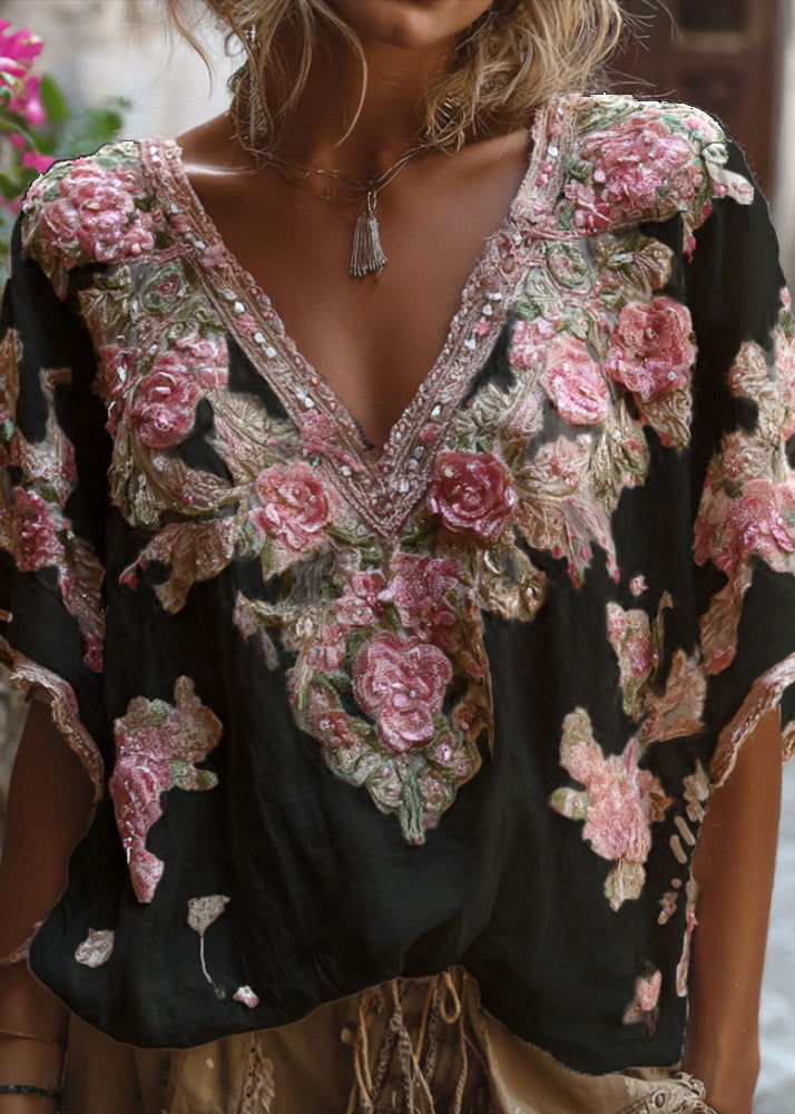 Brief White V Neck Print Cotton Blouse Tops Summer