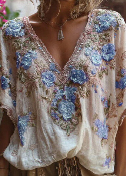 Brief White V Neck Print Cotton Blouse Tops Summer