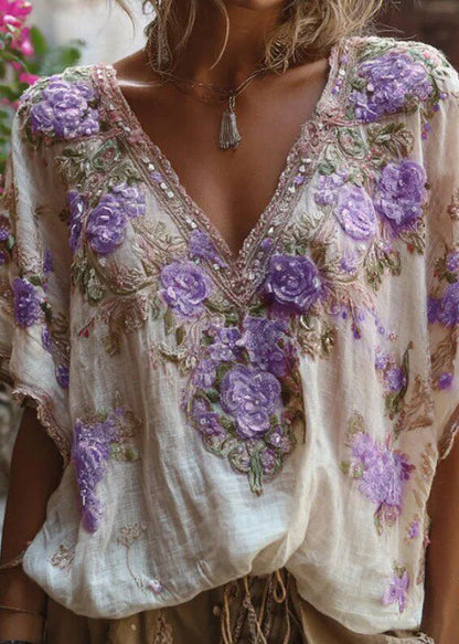 Brief White V Neck Print Cotton Blouse Tops Summer