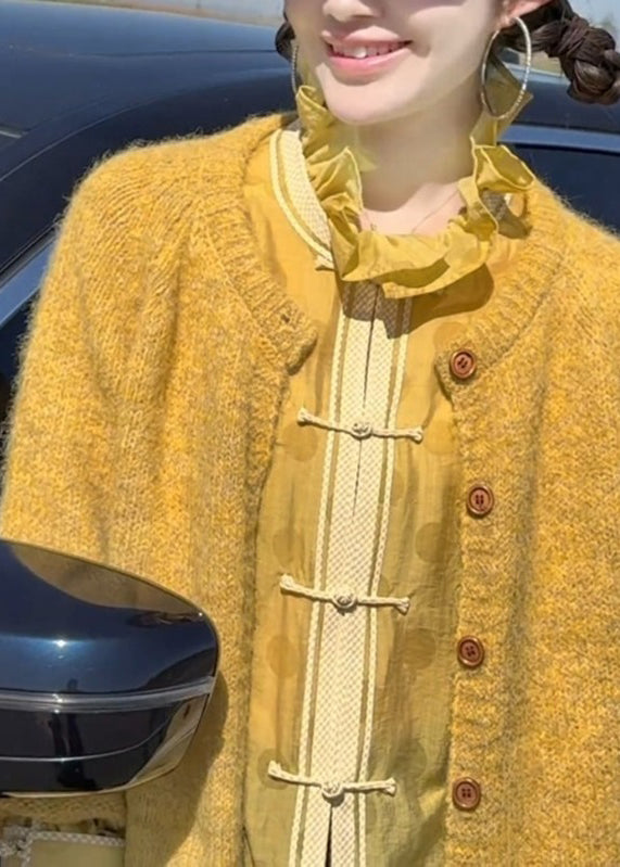 Brief Yellow O-Neck Button Cotton Knit Cardigan Spring