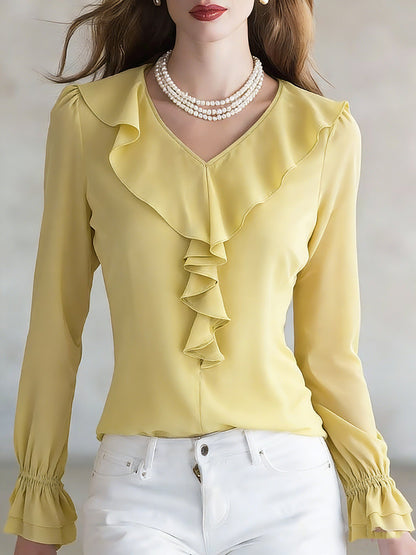 Brief Yellow V Neck Solid Silk Shirt Spring
