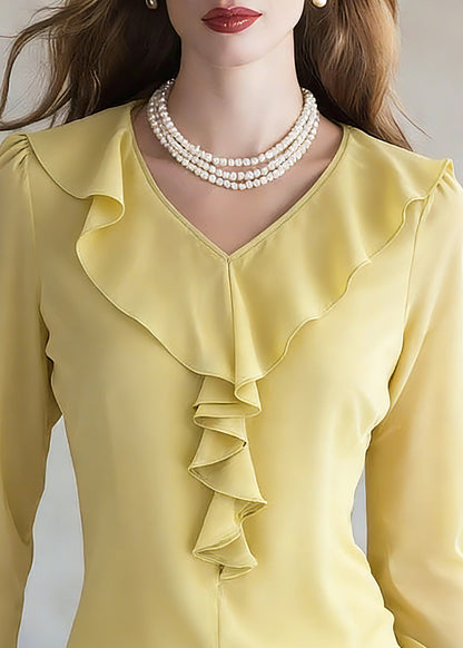 Brief Yellow V Neck Solid Silk Shirt Spring