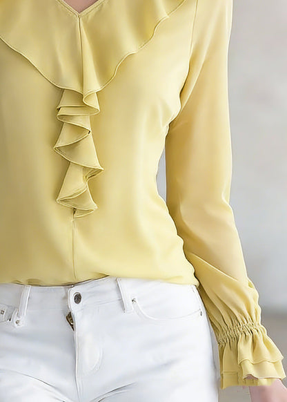 Brief Yellow V Neck Solid Silk Shirt Spring
