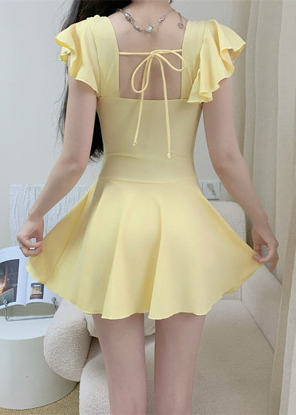 Brief Yellow Wrinkled Patchwork Bow Slips Lingerie Set Swimwear