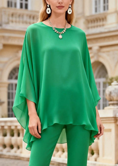 Bright Green Solid Tops And Wrinkled Bell Bottom Trousers Two Piece Set O Neck Spring