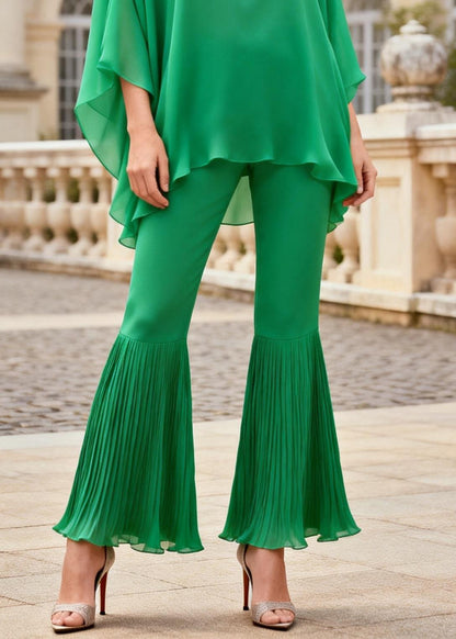 Bright Green Solid Tops And Wrinkled Bell Bottom Trousers Two Piece Set O Neck Spring