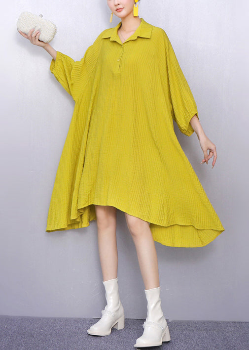 Bright Yellow Button Cotton Shirt Dresses Peter Pan Collar Bracelet Sleeve