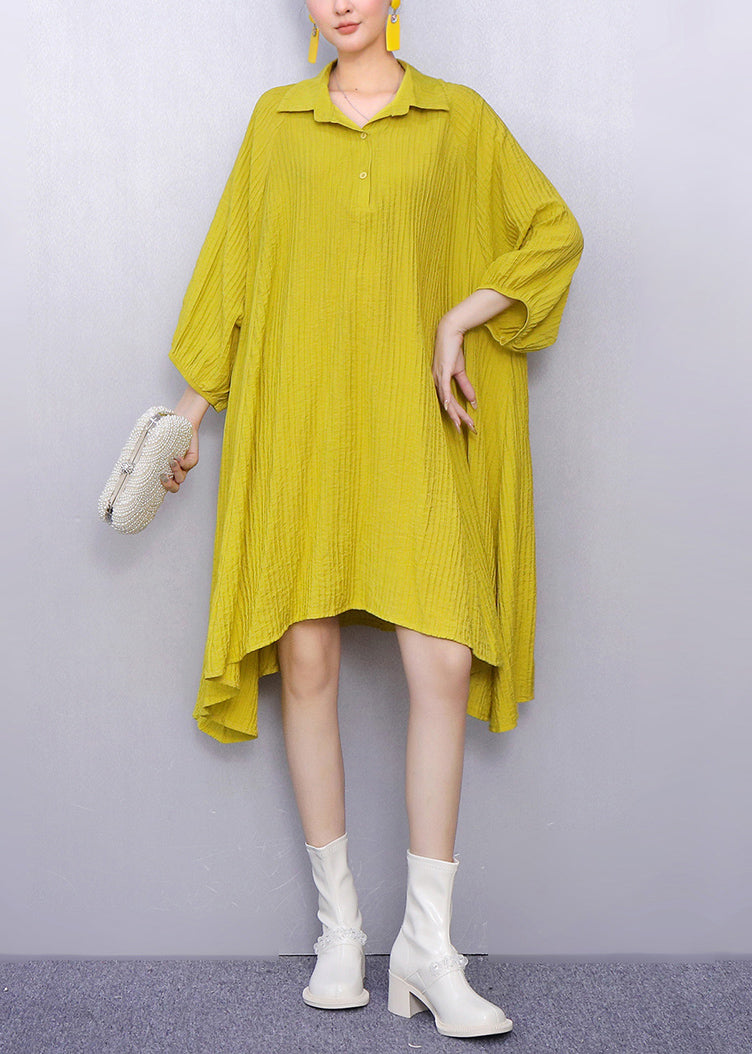 Bright Yellow Button Cotton Shirt Dresses Peter Pan Collar Bracelet Sleeve
