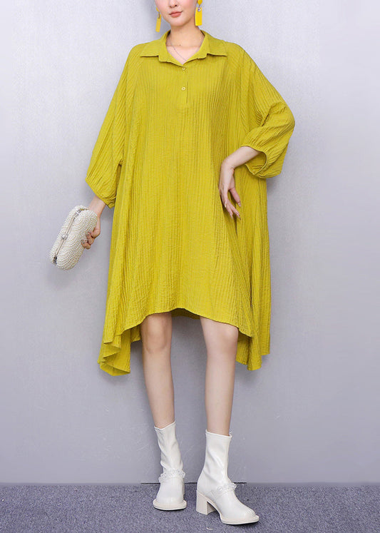 Bright Yellow Button Cotton Shirt Dresses Peter Pan Collar Bracelet Sleeve