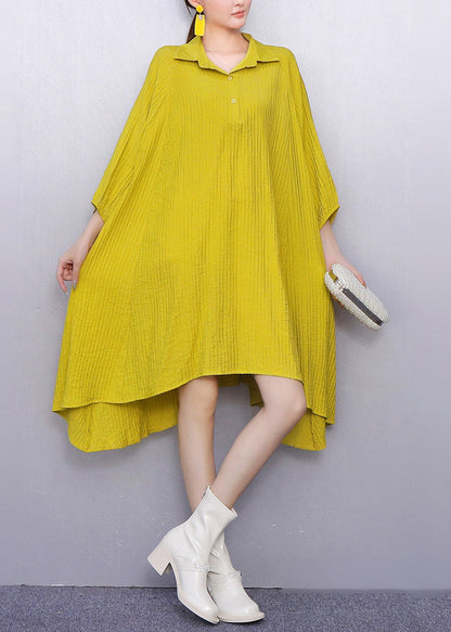 Bright Yellow Button Cotton Shirt Dresses Peter Pan Collar Bracelet Sleeve