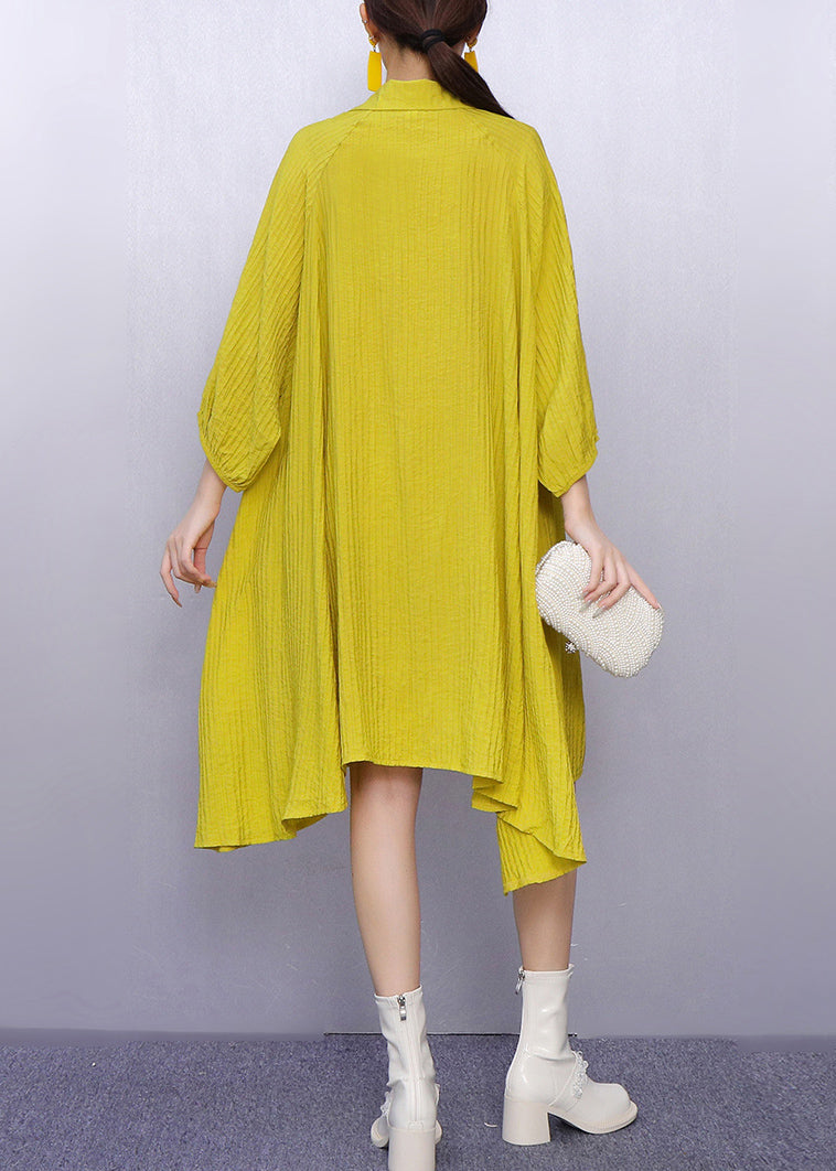 Bright Yellow Button Cotton Shirt Dresses Peter Pan Collar Bracelet Sleeve