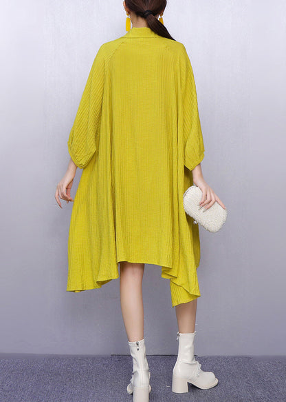 Bright Yellow Button Cotton Shirt Dresses Peter Pan Collar Bracelet Sleeve